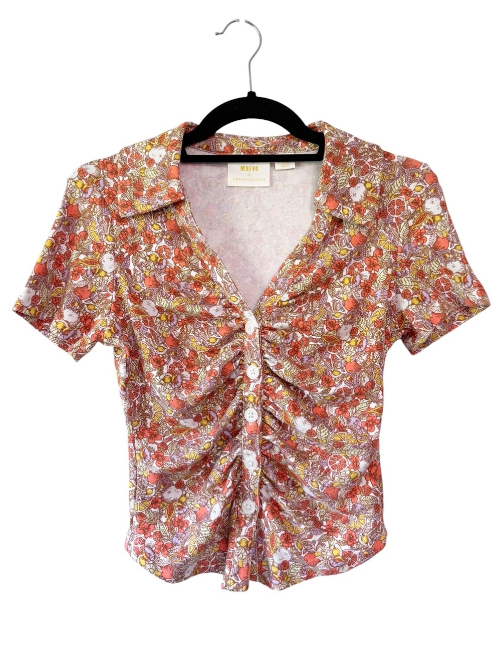 Maeve Anthropologie Citrus Floral Button-Up Ruched Cropped Short Sleeve Top XS